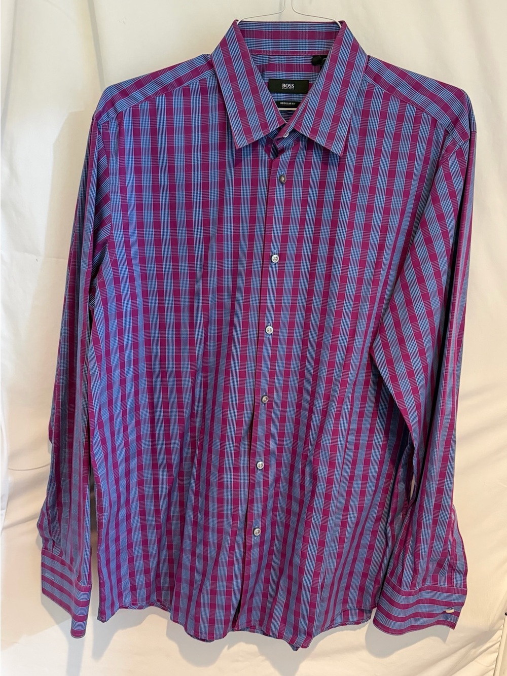 BOSS Men's Purple and Blue Checked Dress Shirt